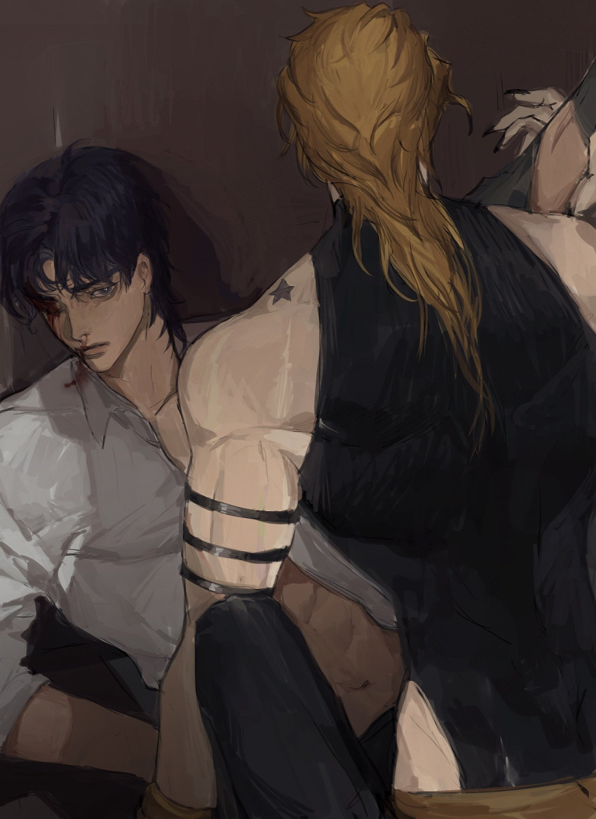 2boys abs armband between_legs birthmark blonde_hair blue_eyes blue_hair dio_brando highres joestar_birthmark jojo_no_kimyou_na_bouken jonathan_joestar leotard long_hair male_focus midriff_peek mullet multiple_boys phantom_blood puppetjackmj sleeveless sleeveless_turtleneck stone_ocean turtleneck