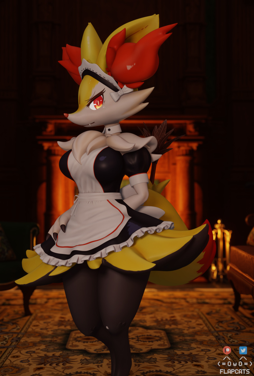 3d_(artwork) anthro apron black_body black_clothing black_dress braixen canid canine claws clothed clothing digital_media_(artwork) dress fangs female flapcats frilly hi_res inner_ear_fluff looking_at_viewer maid_headdress maid_uniform mammal nintendo pok&eacute;mon pok&eacute;mon_(species) red_eyes short_sleeves smile solo standing tuft uniform video_games white_body