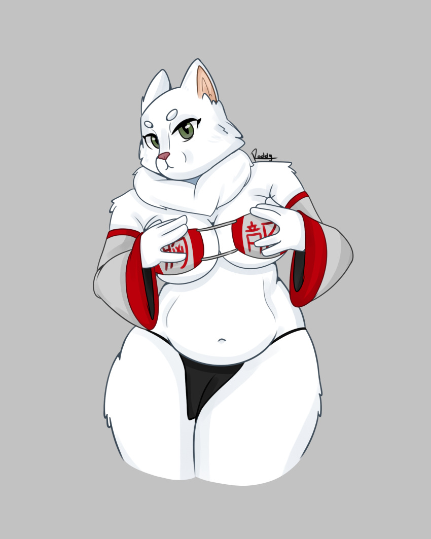 absurd_res anthro asian_clothing belly big_breasts breasts chubby_female clothed clothing digital_drawing_(artwork) digital_media_(artwork) domestic_cat east_asian_clothing felid feline felis female fluffy fur hi_res japanese_clothing looking_at_viewer mammal rodd.y simple_background slightly_chubby solo thick_thighs white_body white_fur