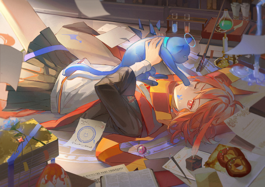 1girl ;/ animal animalization arknights bagel black_jacket black_skirt blue_cat blue_flower book book_stack bright_pupils candle cat checkered_clothes checkered_scarf commentary detached_wings feet_out_of_frame fiammetta_(arknights) flask flower halo highres holding holding_animal holding_cat hood hoodie indoors ink_bottle jacket liquid long_sleeves looking_at_animal luren_max lying marble_(toy) medium_hair mostima_(arknights) on_back on_ground one_eye_closed open_book open_clothes open_jacket paint_splatter paint_splatter_on_face paper pen pleated_skirt quill red_eyes red_hair scarf skirt solo vial white_hoodie white_pupils wings