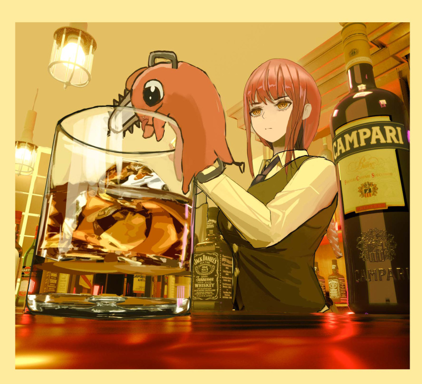 1girl 974839269 alcohol alternate_costume bartender beer black_necktie black_vest bottle breasts campari chainsaw chainsaw_man champagne champagne_bottle collared_shirt counter cup drinking_glass expressionless highres holding_shaker ice jack_daniel's long_sleeves looking_afar looking_down makima_(chainsaw_man) medium_breasts medium_hair necktie pochita_(chainsaw_man) red_hair ringed_eyes shirt shot_glass sidelocks sparkling_eyes standing vest whiskey white_shirt wine_bottle