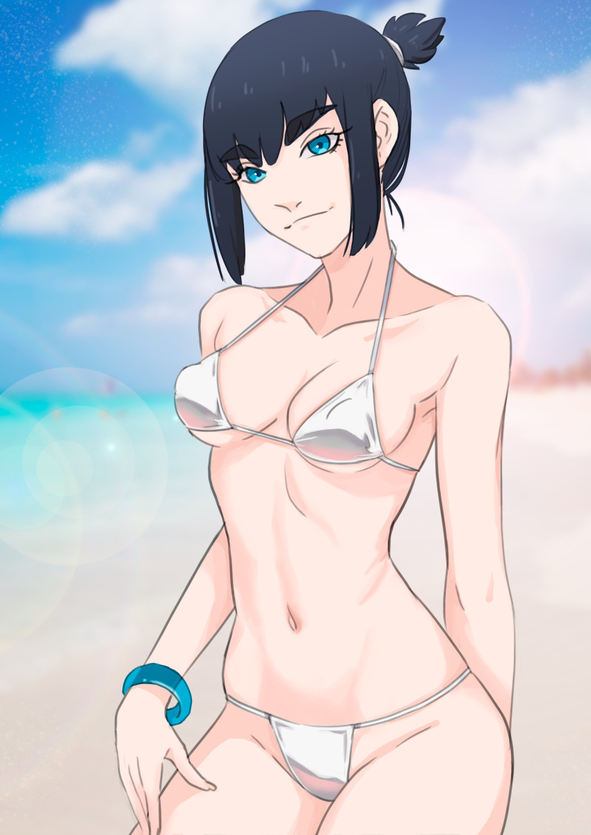 1girl absurdres beach bikini black_hair blue_eyes breasts highres kill_la_kill kiryuuin_satsuki long_hair looking_at_viewer medium_breasts navel ponytail smile solo swimsuit thick_eyebrows urustam