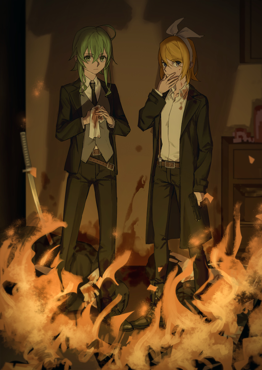 2girls ahoge belt black_jacket black_necktie black_pants blonde_hair blood blood_on_clothes blood_on_face blood_on_wall blue_eyes bow bow_hairband cabinet covering_mouth dress_pants dress_shirt expressionless fire formal green_eyes green_hair grey_vest gumi gun hair_bow hairband hand_over_own_mouth highres holding holding_gun holding_towel holding_weapon indoors jacket kagamine_rin katana looking_at_viewer multiple_girls necktie pants shadow shirt short_hair_with_long_locks sidelocks standing suit sword towel vest vocaloid weapon white_bow white_shirt wiping_hands wounds404