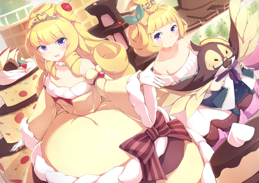 &gt;:) 2girls absurdres animal bird blonde_hair blush cake dress duel_monster food glasses highres holding holding_animal kanzakietc long_hair looking_at_viewer madolche_hootcake madolche_petingcessoeur madolche_puddingcess multiple_girls owl purple_eyes short_hair strapless strapless_dress tiara v-shaped_eyebrows wide_sleeves yu-gi-oh!