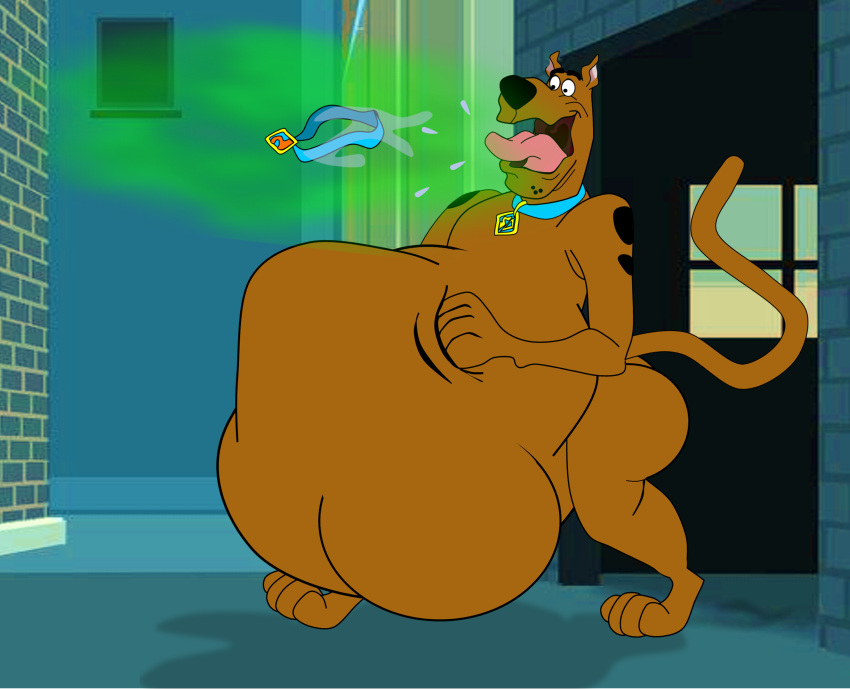 absurd_res belly big_belly bodily_fluids brown_body brown_fur burp_cloud burping burping_up_objects canid canine canis domestic_dog feral fur great_dane hand_on_stomach hanna-barbera hi_res male mammal mastiff molosser open_mouth saliva scooby-doo scooby-doo_(series) tongue vorefan16
