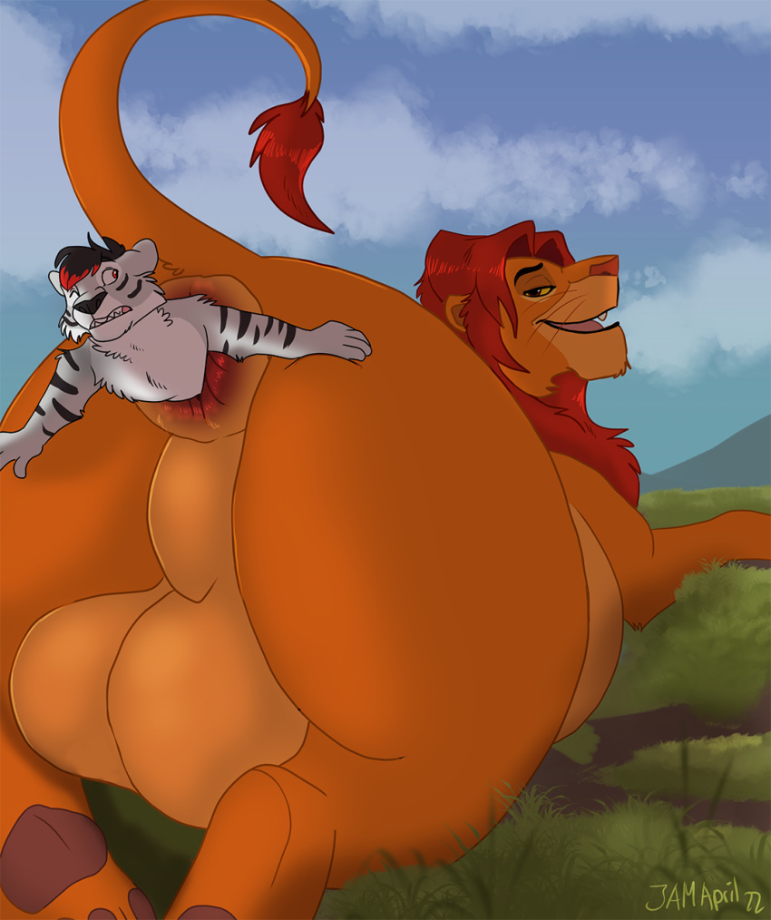 anal anal_vore anthro anus balls big_balls butt chubbyjam disney duo felid feral fur genitals hi_res lion male male/male mammal orange_body orange_fur pantherine puffy_anus simba size_difference the_lion_king tiger vore white_body white_fur