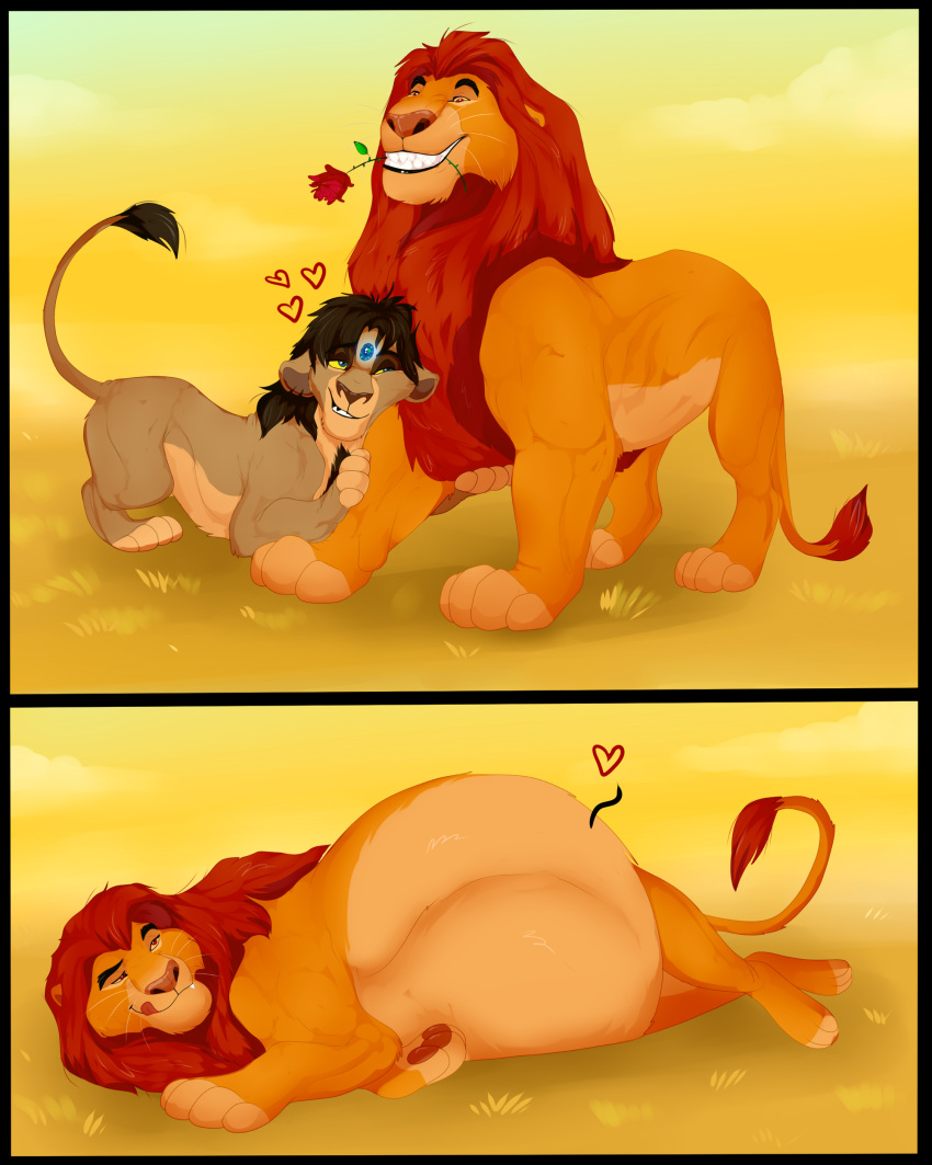 absurd_res belly big_belly comic disney duo felid feral hi_res licking licking_lips lion male male/male mammal mufasa mysteriousharu pantherine same_size_vore size_difference the_lion_king tongue tongue_out vore