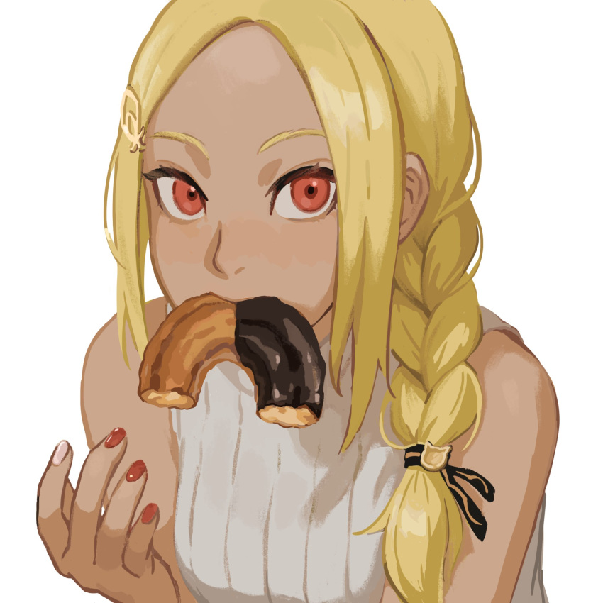 1girl bangs bare_shoulders blonde_hair braid dark-skinned_female dark_skin domodesu doughnut eating food gravity_daze highres kitten_(gravity_daze) long_hair looking_at_viewer nail_polish red_eyes simple_background solo sweater turtleneck turtleneck_sweater