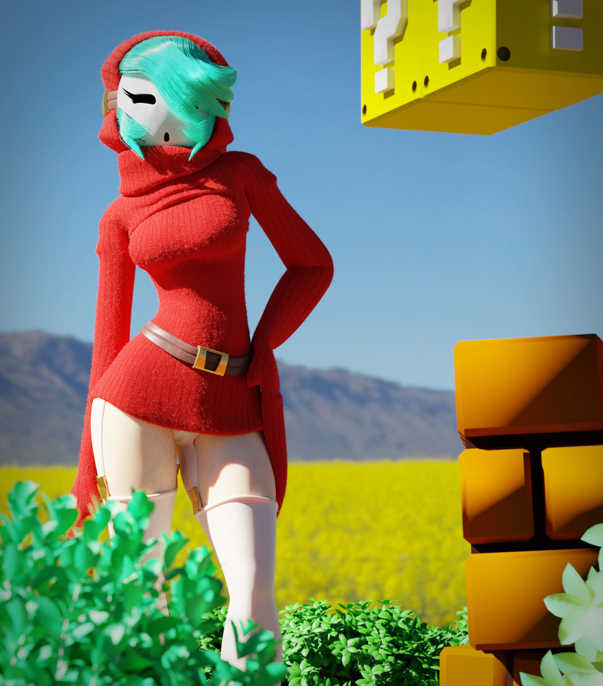 3d_(artwork) absurd_res belt belt_buckle blender_(software) blender_cycles breasts brick_block clothing digital_media_(artwork) female field_background flower hair hi_res hood hoodie humanoid legwear mario_bros mask nintendo not_furry panties plant professionalnuthead question_block shrub shyguy solo stockings topwear underwear video_games