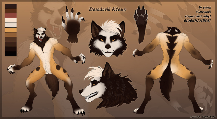 anthro biped black_claws black_lips black_nose black_sclera brown_body brown_fur brown_inner_ear_fluff brown_pawpads brown_spots claws clockhands crotch_tuft digitigrade fangs finger_claws front_view fur gradient_fur grin hair inner_ear_fluff licking licking_lips licking_own_lips lips looking_at_viewer male model_sheet multicolored_body multicolored_fur nude open_mouth orange_body orange_fur pawpads rear_view red_tongue self_lick sharp_claws short_hair side_view simple_background smile solo spots spotted_body spotted_fur spotted_legs spread_legs spreading standing tongue tongue_out tuft white_body white_fur white_hair