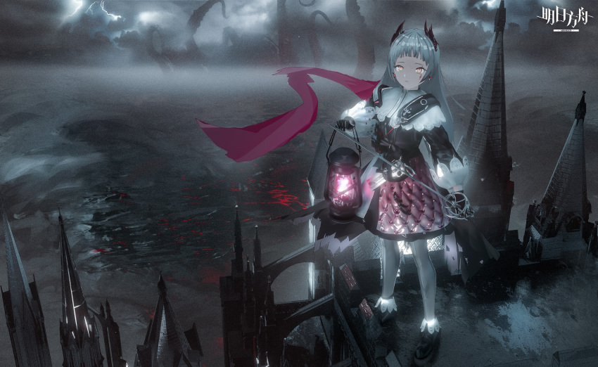 1girl :| absurdres arknights bangs belt black_footwear black_gloves black_jacket blunt_bangs building cathedral closed_mouth cloud cloudy_sky commentary expressionless fog full_body gloves glowing grey_hair gun head_wings highres holding holding_lantern holding_sword holding_weapon irene_(arknights) jacket lantern lightning logo long_hair long_sleeves looking_at_viewer monster ocean on_roof pink_ribbon pink_skirt rapier red_pupils ribbon scar scar_across_eye scar_on_face scenery seymour shoes shoulder_guard skirt sky solo spire sword tentacles water weapon yellow_eyes