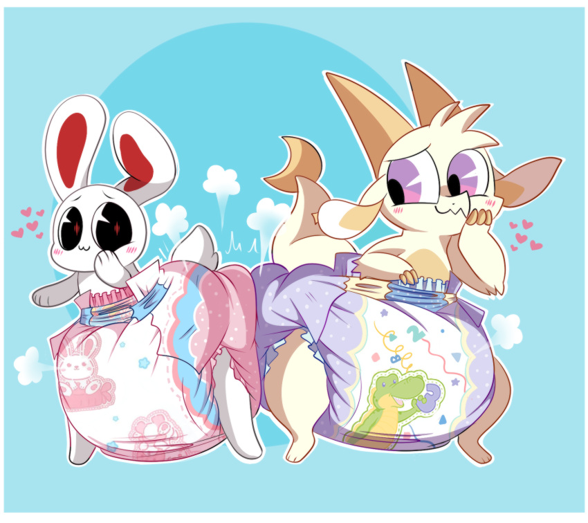 &lt;3 alligator alligatorid ambiguous_gender anthro blush blush_lines butt_bump chikn_nuggit cresent_moon crocodilian diaper diaper_bump dragon duo fwench_fwy_(chikn_nuggit) happy hi_res horn iscream_(chikn_nuggit) jupiters lagomorph leporid mammal number rabbit reptile scalie simple_background white_tail yellow_tail