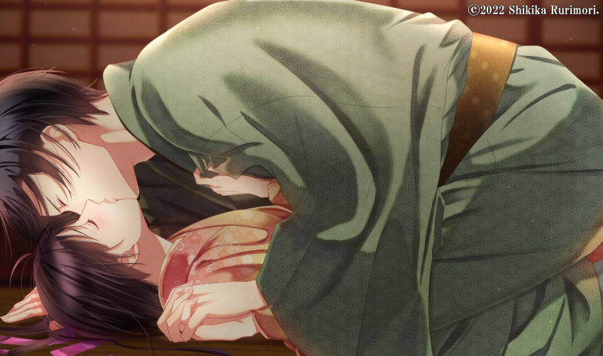 1boy 1girl artist_name black_hair closed_eyes couple green_kimono hair_ribbon hand_on_another's_chest highres holding_hands indoors interlocked_fingers izumi_(stardustalone) japanese_clothes kimono kiss long_hair lying on_back pink_kimono pink_ribbon renri_no_chigiri_wo_kimi_to_shiru ribbon watermark