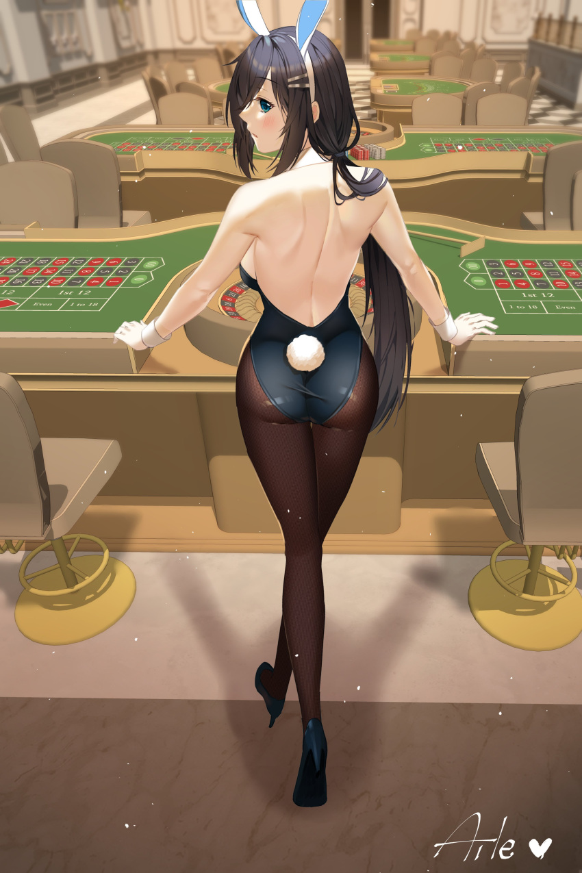 1girl absurdres aile_(crossroads) animal_ears arm_support artist_name ass bangs bare_back black_hair blue_eyes blue_footwear blue_leotard blush brown_legwear casino casino_card_table chair check_copyright collar copyright_request detached_collar eyebrows_visible_through_hair fake_animal_ears fake_tail from_behind gloves hair_ornament hairclip high_heels highres indoors leaning_on_table leotard long_hair looking_at_viewer looking_back original pantyhose playboy_bunny rabbit_ears rabbit_tail sidelocks solo tail white_collar white_gloves