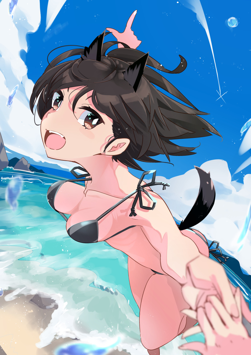 1girl :d absurdres animal_ears bare_shoulders bikini black_bikini black_hair blue_sky breasts brown_eyes cat_ears cloud highres holding_hands kuroda_kunika looking_at_viewer noble_witches ocean outdoors pegina pov short_hair sky small_breasts smile swimsuit tail teeth water_drop