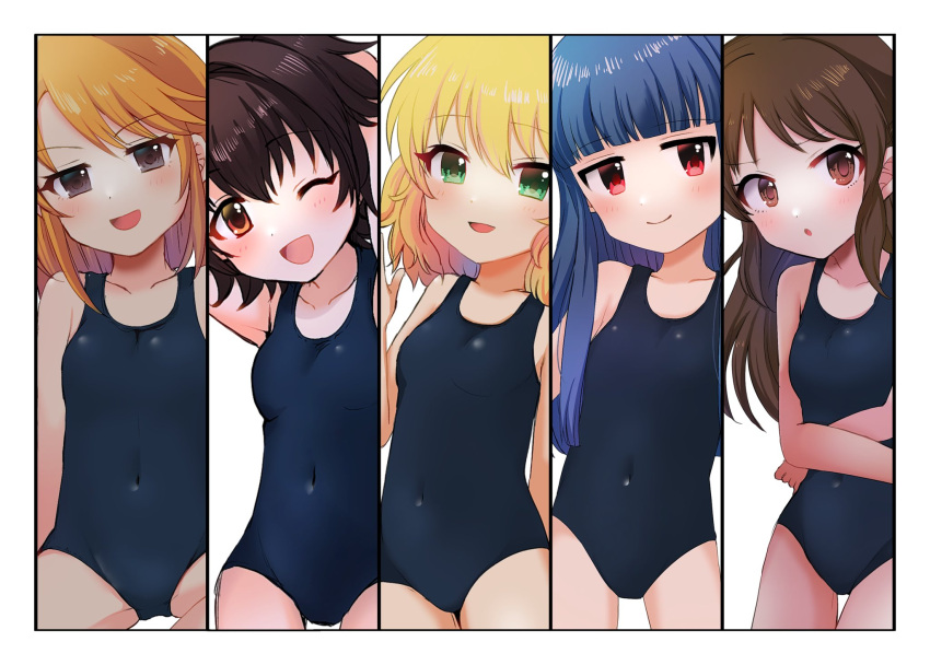 5girls akagi_miria blonde_hair blue_hair breasts brown_eyes brown_hair dodotsuki green_eyes highres idolmaster idolmaster_cinderella_girls idolmaster_cinderella_girls_u149 long_hair multiple_girls navel one-piece_swimsuit orange_hair red_eyes sajo_yukimi sakurai_momoka short_hair small_breasts swimsuit tachibana_arisu white_background yuuki_haru