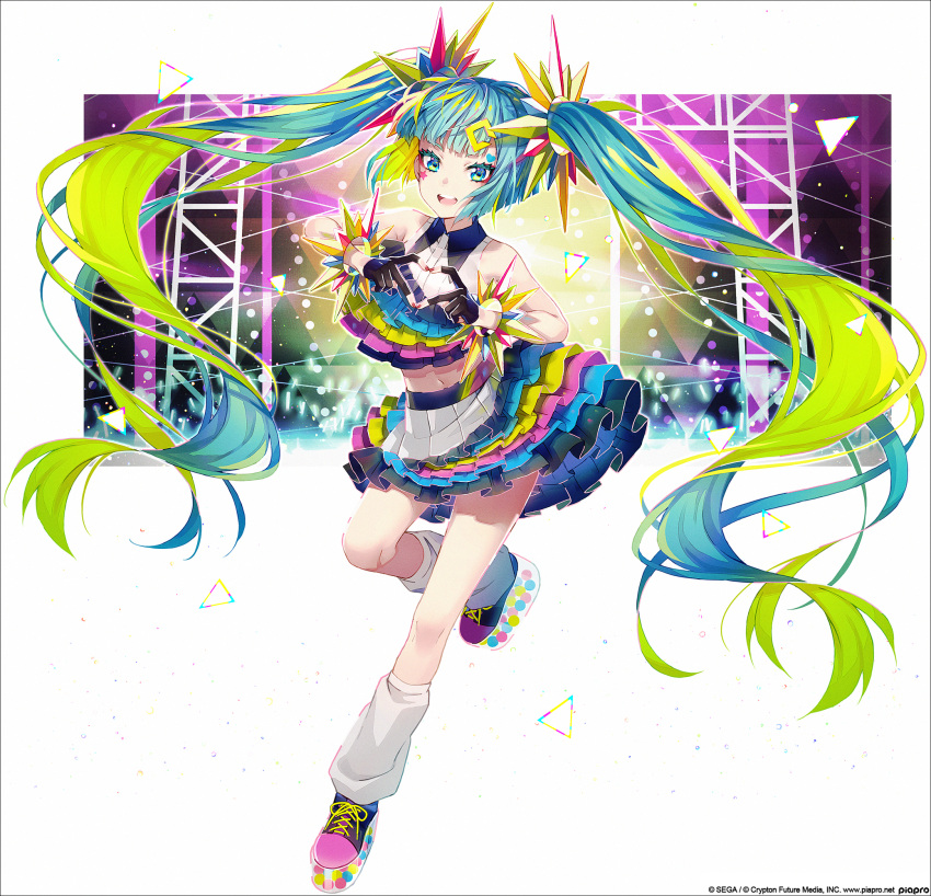 1girl aqua_eyes aqua_hair bangs bare_shoulders black_gloves blunt_bangs bracelet catch_the_wave_(vocaloid) commentary crop_top facial_tattoo fingerless_gloves frilled_shirt_collar frilled_skirt frills full_body gloves green_hair hair_ornament hakusai_(tiahszld) half_gloves hatsune_miku heart heart_tattoo highres jewelry leg_warmers long_hair looking_at_viewer midriff multicolored_hair nail_polish navel official_art open_mouth platform_footwear red_nails shirt skirt sleeveless sleeveless_shirt solo stage standing standing_on_one_leg star_tattoo tattoo twintails two-tone_hair very_long_hair vocaloid white_background wing_collar