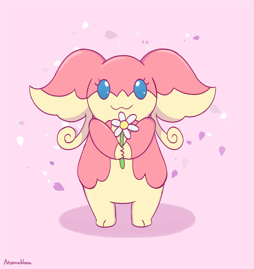 2022 2_toes 3_fingers ambiguous_gender anthro audino biped blue_eyes digital_drawing_(artwork) digital_media_(artwork) feet fingers flower flower_petals fur girly hi_res lagomorph mammal moonabloom multicolored_body nintendo petals pink_body plant pok&eacute;mon pok&eacute;mon_(species) simple_background smile solo tan_body tan_fur toes two_tone_body video_games