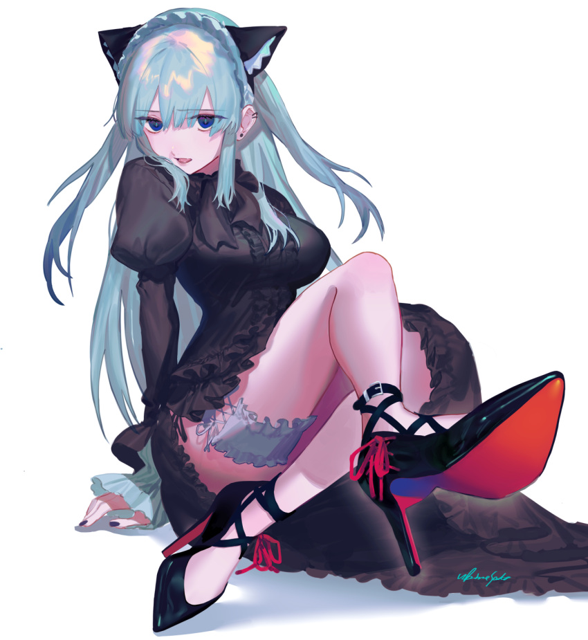 1girl animal_ears aqua_hair bangs black_dress black_footwear blue_eyes breasts cat_ears dress ear_piercing earrings eyebrows_visible_through_hair frills high_heels highres jewelry long_hair looking_at_viewer open_mouth original piercing puffy_sleeves purple_nails sitting solo thigh_strap two_side_up ukimesato