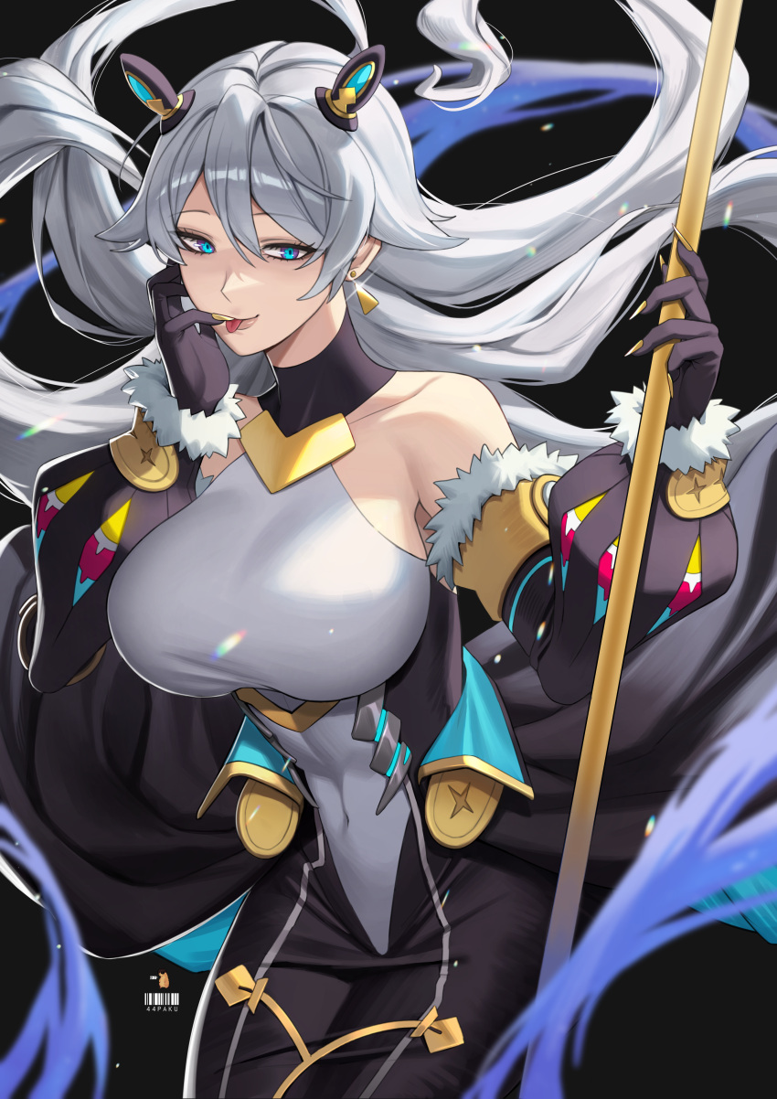 1girl 44paku absurdres bare_shoulders black_gloves blue_eyes breasts character_request covered_navel cowboy_shot detached_sleeves earrings fur_trim gloves grey_hair hair_between_eyes hair_ornament highres jewelry large_breasts long_hair long_sleeves looking_at_viewer puffy_long_sleeves puffy_sleeves skin_tight smile solo tongue tongue_out very_long_hair world_flipper