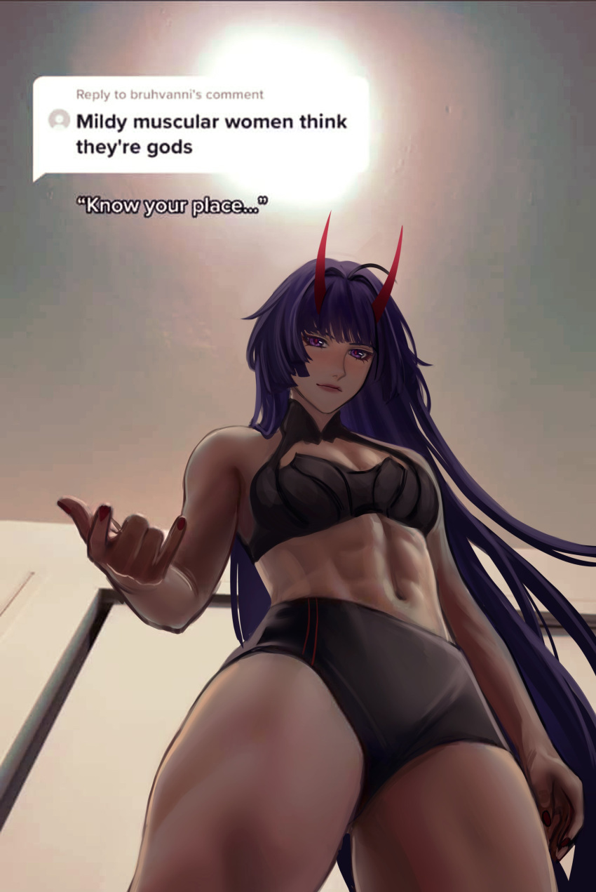 1girl 65gh0st abs absurdres demon_horns english_text from_below highres honkai_(series) honkai_impact_3rd horns leanbeefpatty long_hair looking_at_viewer looking_down midriff muscular muscular_female parody purple_eyes purple_hair raiden_mei solo speech_bubble sportswear tiktok