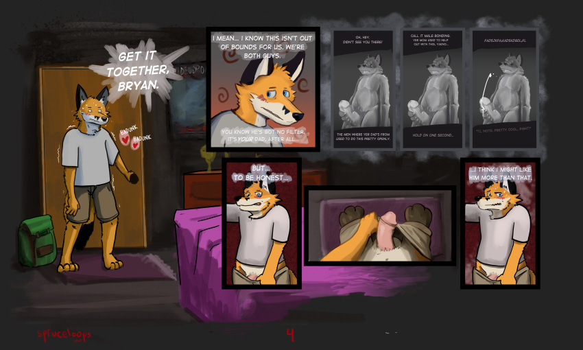 absurd_res anthro awkward balls bedroom blush bodily_fluids bulge canid canine clothed clothing comic cum duo ejaculation erection father father_and_child father_and_son flashback foreskin fox fur genital_fluids genitals hair half-erect hi_res humanoid_genitalia humanoid_penis incest_(lore) internal_monologue male male/male mammal masturbation nervous nude parent parent_and_child partially_clothed penis solo son spruceloops stroking_penis text thought_bubble