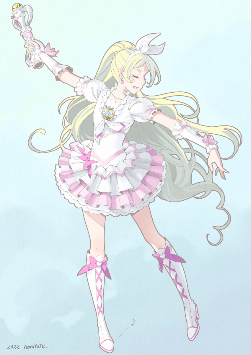 absurdres aqua_background arm_warmers artist_name blonde_hair boots brooch choker closed_eyes cure_rhythm dated dress earrings frilled_dress frills full_body heart_brooch highres jewelry long_hair magical_girl minamino_kanade nonitate open_mouth outstretched_arms pink_dress ponytail precure simple_background smile suite_precure white_choker white_dress white_footwear