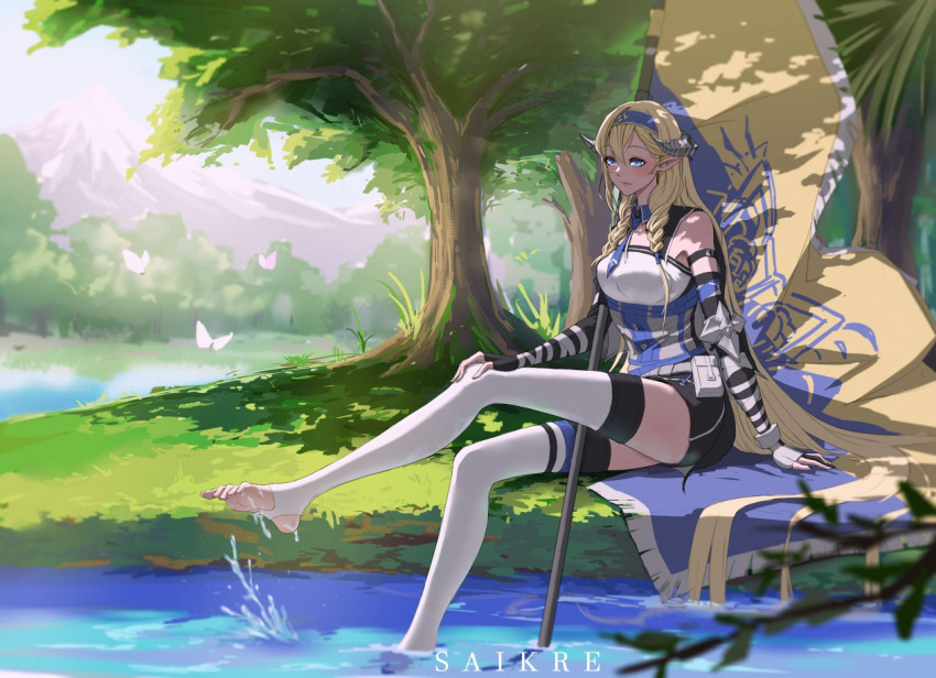 1girl arknights arm_strap artist_name banner belt belt_pouch black_gloves black_skirt blonde_hair blue_eyes blue_hairband blue_necktie blush braid breasts bug butterfly chinese_commentary closed_mouth dappled_sunlight day dragon_horns elbow_gloves eyebrows_visible_through_hair fingerless_gloves flag full_body gloves grass hair_between_eyes hairband holding holding_flag horns long_hair medium_breasts miniskirt mountain necktie outdoors pointy_ears pond pouch saikre saileach_(arknights) shirt short_necktie side_braids sidelocks sitting skirt smile soaking_feet soles solo splashing sunlight thighs toes tree twin_braids very_long_hair white_belt white_legwear white_shirt wing_collar zettai_ryouiki