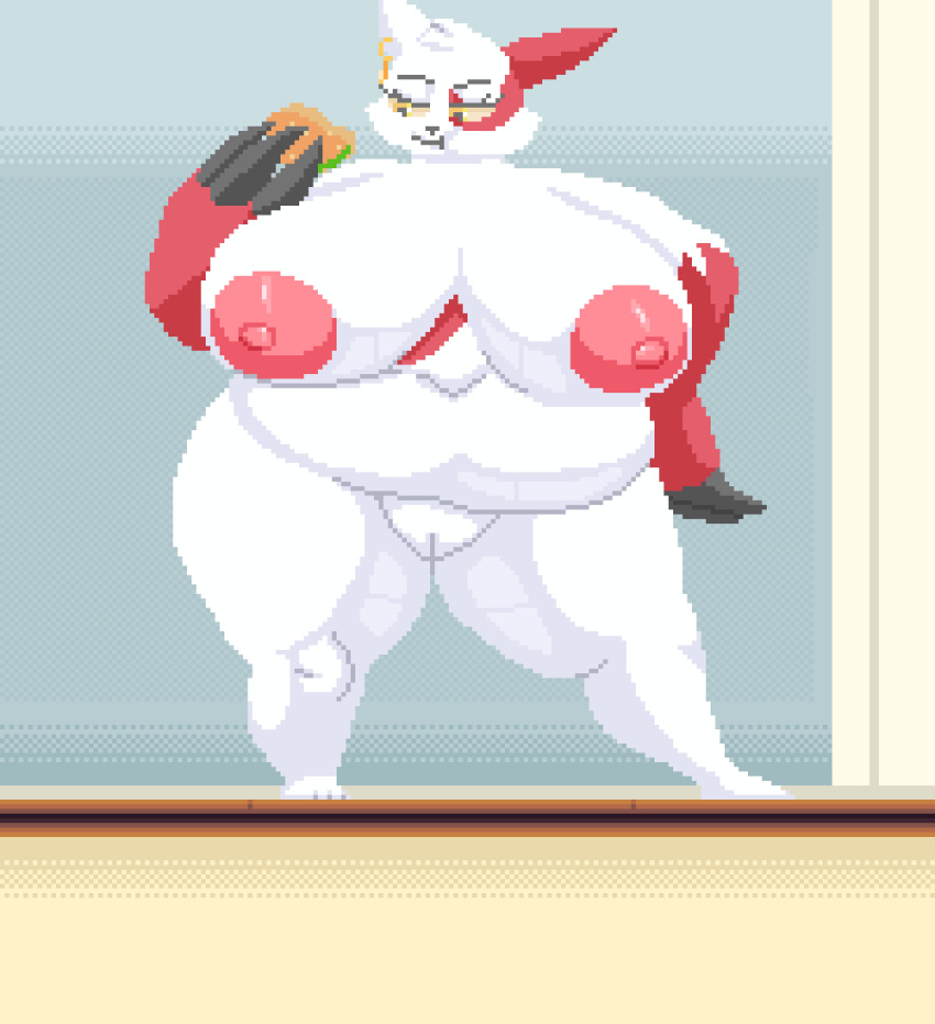 animated anthro areola belly big_belly big_breasts breasts burger claws digital_media_(artwork) ear_piercing eating falling female food genitals hand_on_stomach hi_res huge_breasts huge_hips huge_thighs looking_at_viewer multicolored_body navel nintendo nipples nude open_mouth overweight overweight_anthro overweight_female piercing pink_nipples pixel_(artwork) pixel_animation pok&eacute;mon pok&eacute;mon_(species) pussy short_playtime smile solo spinneborg thick_thighs through_floor two_tone_body video_games wide_hips yellow_eyes zangoose