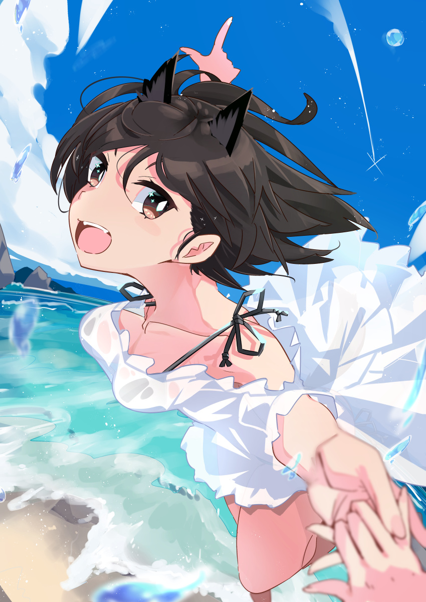 1girl :d absurdres animal_ears bare_shoulders bikini black_bikini black_hair blue_sky breasts brown_eyes cat_ears cloud dress highres holding_hands kuroda_kunika looking_at_viewer noble_witches ocean outdoors pegina pov short_hair sky small_breasts smile swimsuit teeth water_drop white_dress