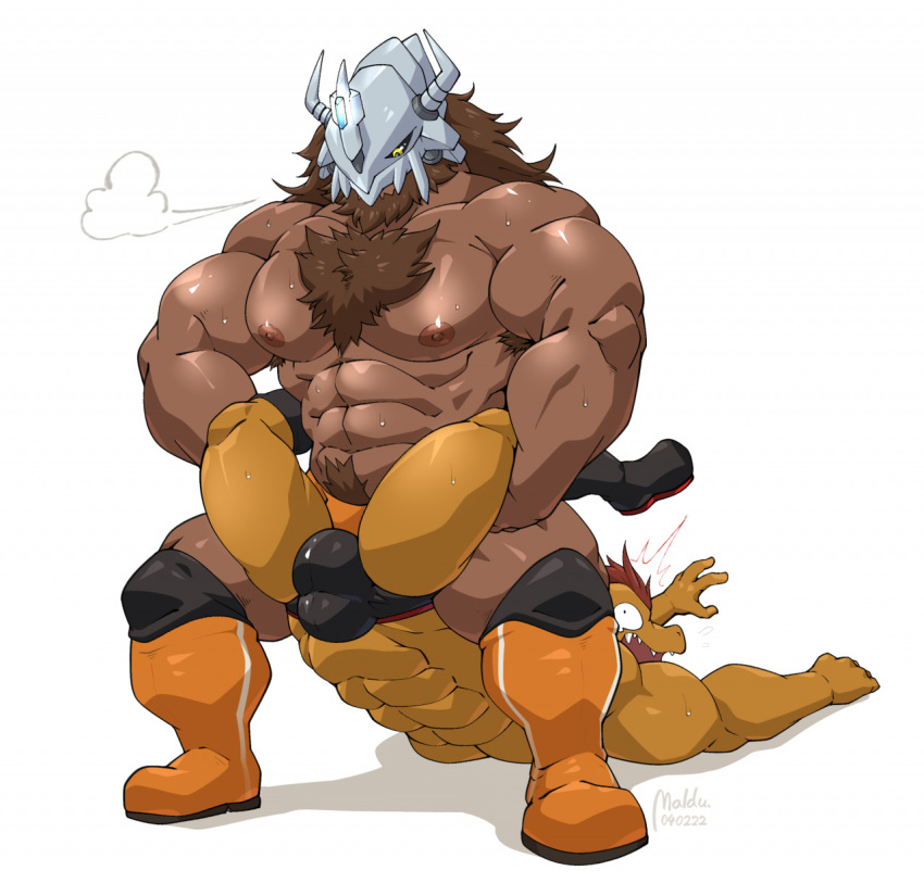 abs anthro armor bandai_namco body_hair boston_crab bulge chest_hair clothing digimon digimon_(species) duo headgear helmet hi_res maldu male male/male muscular muscular_anthro nipples pecs pubes speedo swimwear wargreymon wrestling