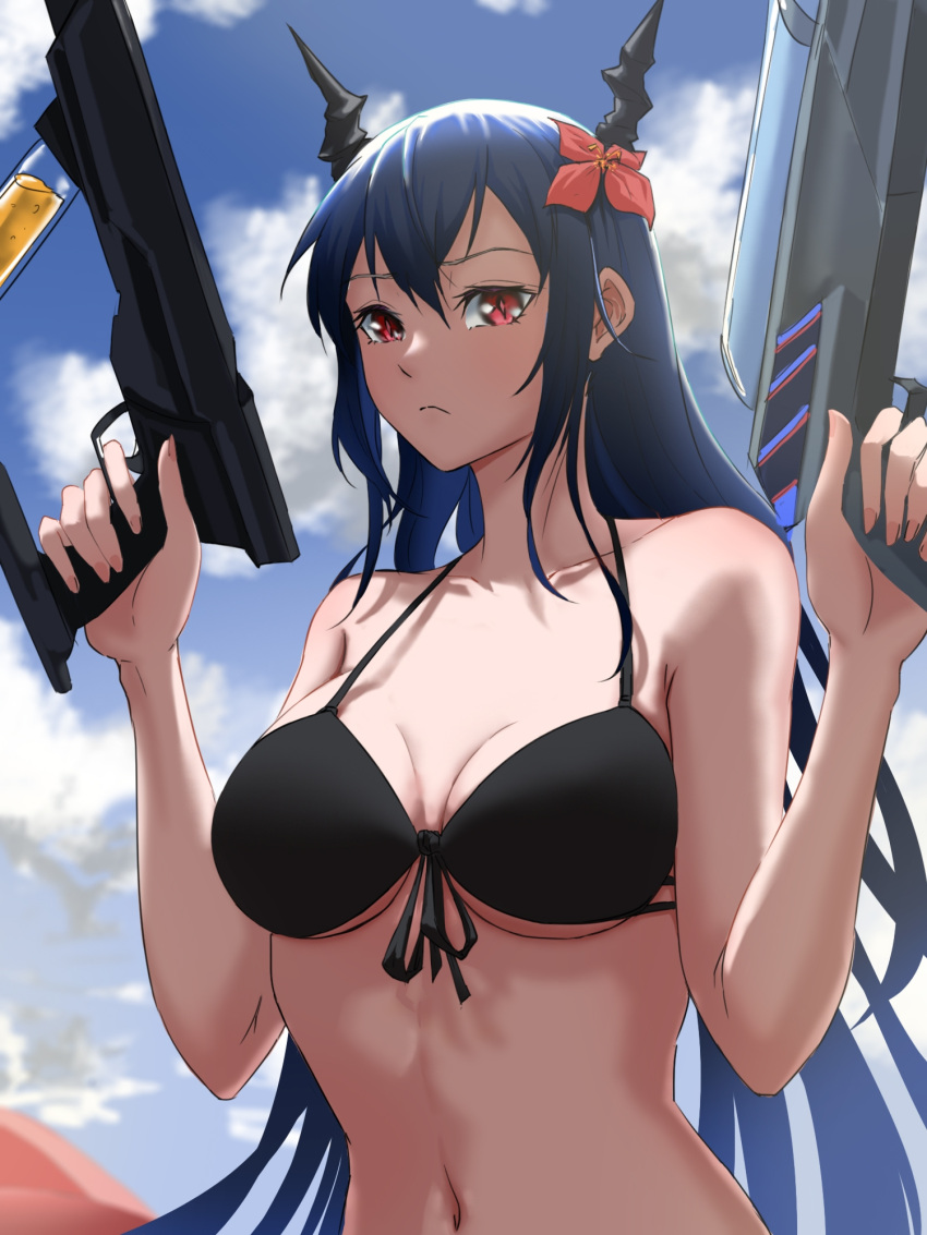 1girl arknights bikini black_bikini blue_hair blue_sky breasts ch'en_(arknights) ch'en_the_holungday_(arknights) chinese_commentary cleavage closed_mouth cloud cloudy_sky day dragon_horns dual_wielding embarrassed eyelashes flower front-tie_bikini front-tie_top frown furrowed_brow hair_between_eyes hair_flower hair_ornament highres holding holding_water_gun horns long_hair looking_at_viewer medium_breasts navel official_alternate_costume outdoors red_eyes red_flower saikre sky slit_pupils solo stomach string_bikini swimsuit upper_body water_gun