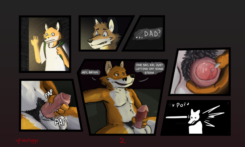 absurd_res anthro awkward balls blush bodily_fluids canid canine clothed clothing comic dialogue digital_media_(artwork) duo english_text erection father father_and_child father_and_son foreskin fox fur genital_fluids genitals hair hi_res humanoid_genitalia humanoid_penis incest_(lore) male male/male mammal masturbation nude parent parent_and_child penile penile_masturbation penis precum pubes shocked_expression solo son spruceloops stare stroking_penis text