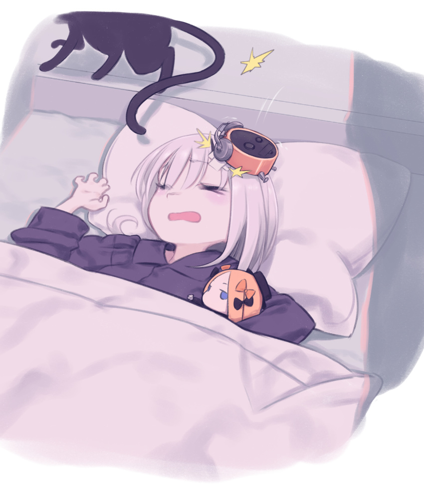 1girl absurdres alarm_clock bangs blush breasts clock daisi_gi detached_sleeves fate/grand_order fate_(series) halloween highres horns lavinia_whateley_(fate) long_hair long_sleeves purple_eyes short_shorts shorts single_horn sleeping small_breasts stuffed_toy white_hair wide-eyed