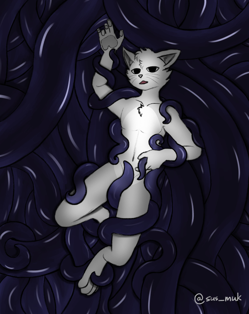 2022 anthro coiling concealing_penis digital_media_(artwork) felid feline fur hi_res humanoid looking_at_viewer male mammal nude open_mouth restrained script_(sus_muk) solo solo_focus sus_muk tentacle_monster tentacles tentacles_around_arms tentacles_around_legs tentacles_everywhere the_friend watermark