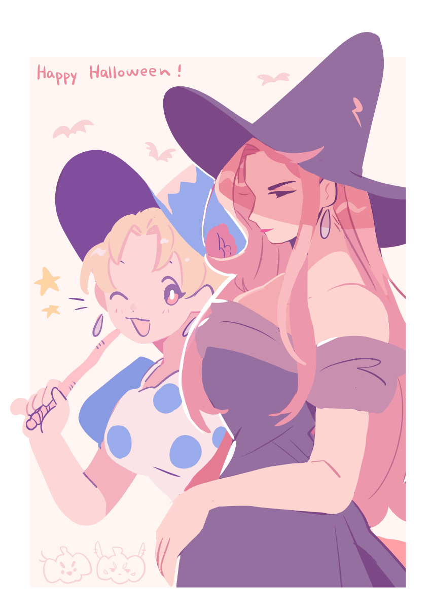 2girls apron bandana bat battle_tendency blonde_hair blue_dress blue_eyes brown_hair dress earrings flat_color gogeyama halloween hat highres jewelry jojo_no_kimyou_na_bouken lisa_lisa multiple_girls no_lineart off-shoulder_dress off_shoulder one_eye_closed orange_hair polka_dot polka_dot_apron puffy_sleeves red_eyes suzi_q wand witch_hat