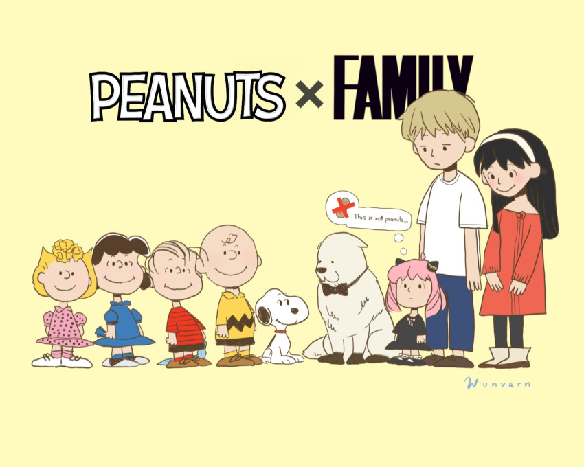 4girls 5boys anya_(spy_x_family) bond_(spy_x_family) brother_and_sister charles_schulz_(style) charlie_brown crossover dog english_text father_and_daughter highres husband_and_wife linus_van_pelt lucy_van_pelt mother_and_daughter multiple_boys multiple_girls namesake peanut peanuts sally_brown siblings smile snoopy spy_x_family thought_bubble twilight_(spy_x_family) wunvarnn yellow_background yor_briar