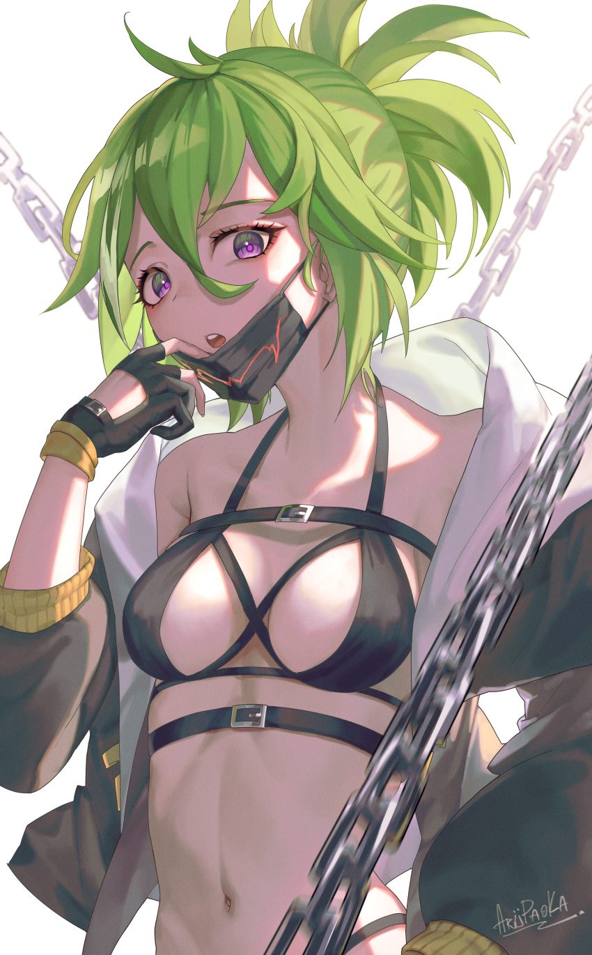 1girl :o absurdres ahoge alternate_costume arupaoka bangs bare_shoulders bikini black_bikini black_gloves black_jacket black_mask breasts chain chest_belt cleavage collarbone commentary eyebrows_visible_through_hair fingerless_gloves genshin_impact gloves green_hair hair_between_eyes highleg highleg_bikini highres jacket kuki_shinobu looking_at_viewer mask mask_pull medium_breasts mouth_mask navel off_shoulder open_clothes open_jacket ponytail purple_eyes sidelocks signature simple_background solo standing stomach swimsuit teeth upper_body upper_teeth white_background