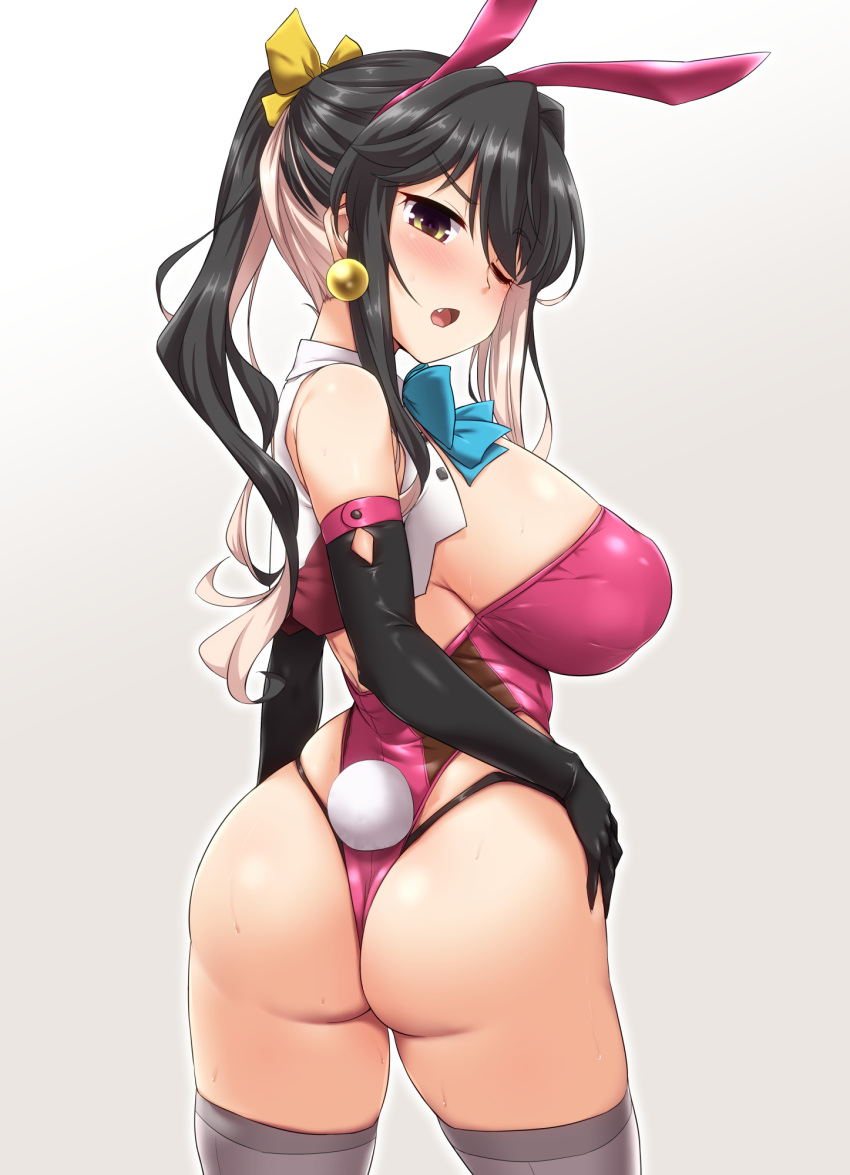 1girl animal_ears ass black_gloves black_hair bow breasts elbow_gloves fake_animal_ears fake_tail fang from_behind gloves grey_legwear hair_bow highres kantai_collection large_breasts leotard long_hair looking_at_viewer looking_back multicolored_hair naganami_(kancolle) one_eye_closed open_mouth pink_hair pink_leotard playboy_bunny ponytail rabbit_ears rabbit_tail simple_background solo sweat tail thighhighs thighs thong_leotard yellow_bow yoshi_tama