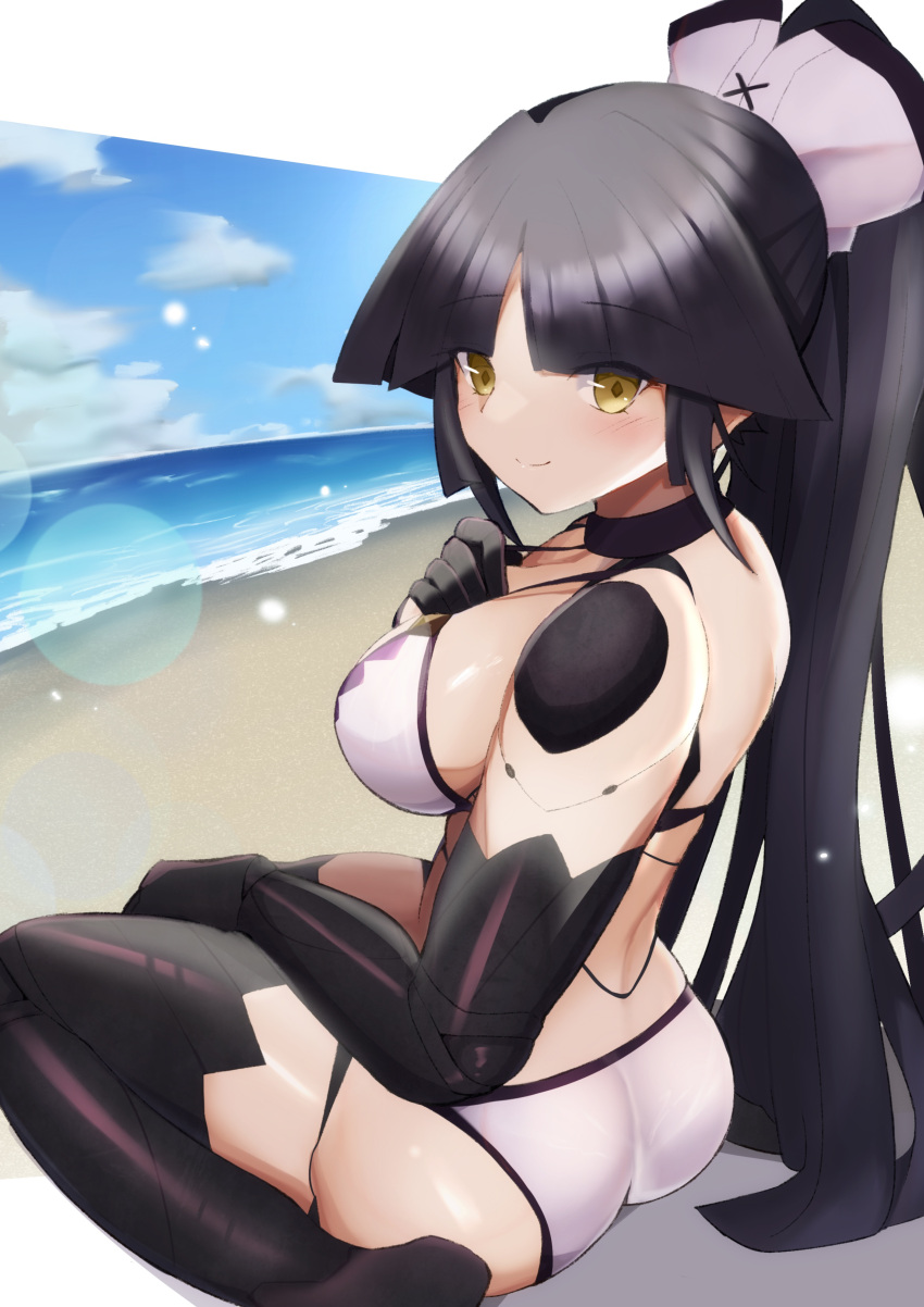 1girl absurdres android beach bikini blue_sky breasts cloud day fate/grand_order fate_(series) high_ponytail highres joints katou_danzou_(fate) large_breasts long_hair mechanical_arms mechanical_legs moyashi_(pixiv44153669) ocean outdoors ponytail robot_joints sitting sky smile solo swimsuit very_long_hair wariza white_bikini yellow_eyes