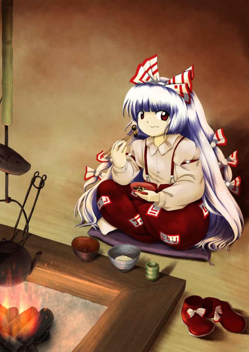 1girl bangs blunt_bangs bow bowl buttons chopsticks collared_shirt commentary_request cup cushion eating fire food fujiwara_no_mokou hair_bow highres holding holding_bowl holding_chopsticks indian_style indoors irori_(hearth) jizaikagi long_hair long_sleeves looking_at_viewer ofuda ofuda_on_clothes on_floor pants parasite_oyatsu red_eyes red_pants rice shirt shoes shoes_removed sitting sleeve_garter socks solo suspenders teapot touhou very_long_hair wavy_mouth white_bow white_legwear white_shirt yunomi zabuton zun_(style)