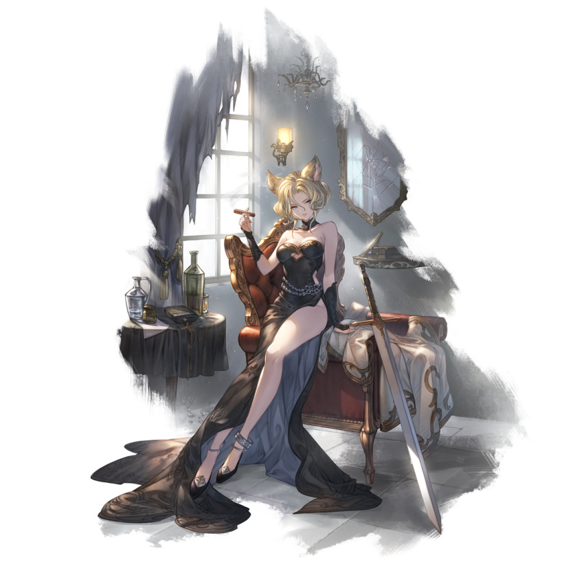 1girl animal_ears anklet arm_support armchair bangs bare_legs bare_shoulders black_dress black_footwear blonde_hair breasts broken_mirror chair chandelier cigar cleavage clothing_cutout coat coat_removed curtains detached_collar dress elea_(granblue_fantasy) erune fingerless_gloves full_body gloves granblue_fantasy green_eyes high_heels hip_flask holding holding_cigar jewelry lips long_dress looking_at_viewer medium_breasts mirror official_art parted_bangs parted_lips short_hair side_slit sitting smoke solo sword thighhighs tile_floor tiles torn_curtains transparent_background wall_lamp weapon white_coat window