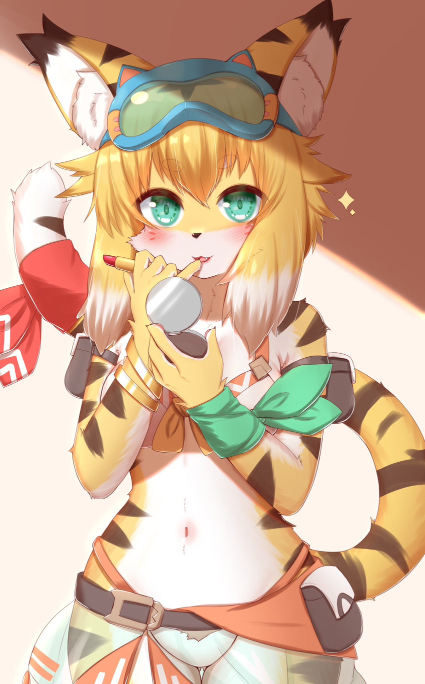2022 5_fingers anthro applying_makeup bikini blonde_hair blush breasts brown_body brown_fur brown_hair claws clothed clothing cute_fangs eyewear felid female finger_claws fingers fluffy fur goggles green_eyes hair hi_res holding_object horokusa0519 inner_ear_fluff kemono lipstick looking_at_viewer makeup mammal mia_(world_flipper) multicolored_body multicolored_ears multicolored_fur multicolored_hair multicolored_tail navel pantherine pawpads personal_grooming solo swimwear tiger tuft white_body white_fur white_hair world_flipper yellow_body yellow_fur