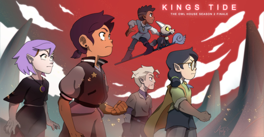 3boys 3girls absurdres amity_blight black_hair blonde_hair brown_hair cloud colored_skin dark-skinned_female dark-skinned_male dark_skin glasses gus_porter highres hunter_(the_owl_house) jacket jewelry king_clawthorne luz_noceda multiple_boys multiple_girls necklace oh_heyyy_andy pointy_ears purple_hair red_eyes red_sky scar short_hair sky star_(symbol) the_owl_house twintails white_skin willow_park yellow_eyes