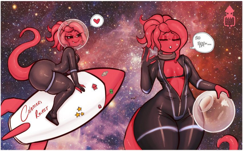 acta anthro big_butt blush bodily_fluids breasts butt cephalopod claws clothed clothing coleoid decapodiform detailed_background dialogue eyes_closed female hi_res holding_object marine mollusk open_mouth partially_clothed red_body rocket sitting smile solo space spacesuit spacewaifu speech_bubble sweat teeth