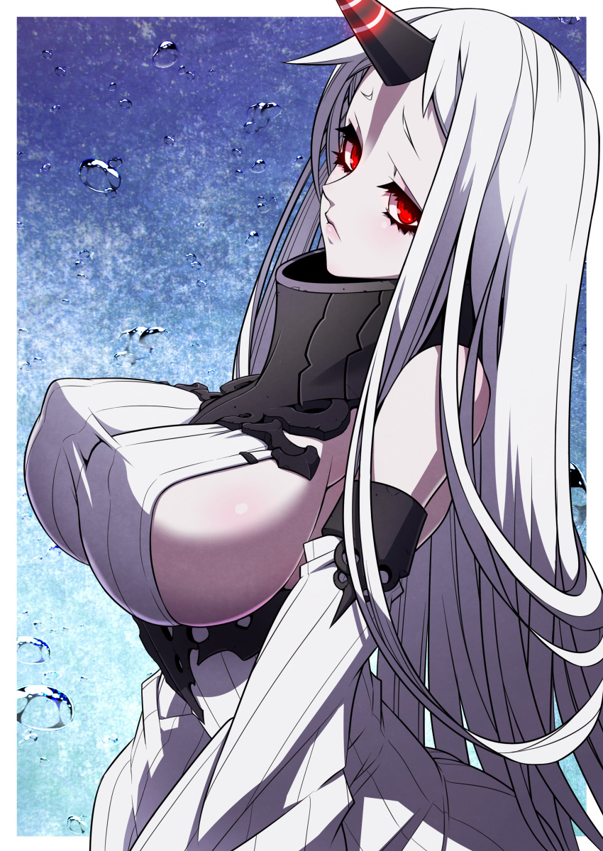 1girl absurdres abyssal_ship air_bubble black_horns breasts bubble colored_skin commentary_request covered_nipples detached_sleeves dress glowing glowing_horns highres horns jin_(mugenjin) kantai_collection large_breasts long_hair looking_at_viewer pale_skin red_eyes ribbed_dress seaport_princess sideboob single_horn solo spot_color submerged underwater upper_body very_long_hair water white_background white_hair white_skin