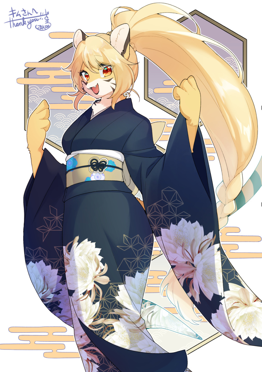 2022 4_fingers anthro asian_clothing black_body black_fur blonde_hair breasts clothed clothing cute_fangs east_asian_clothing felid female fingers floral_print fur hair hi_res japanese_clothing kemono kimono lemoco long_hair looking_at_viewer mammal multicolored_body multicolored_fur obi open_mouth open_smile orange_eyes pantherine ponytail smile solo tiger tongue white_body white_fur yellow_body yellow_fur