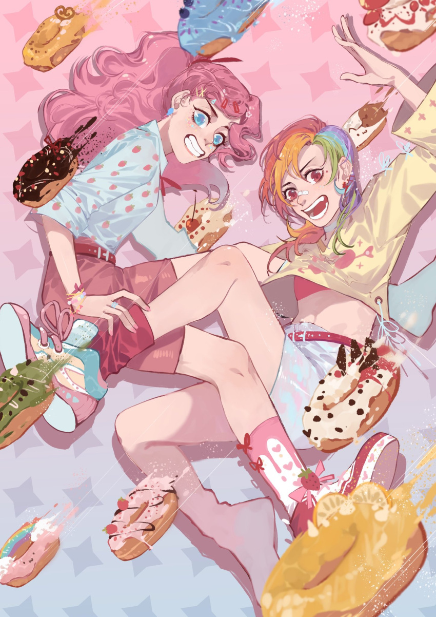 2girls belt blue_eyes bow bra bra_peek bracelet candy_hair_ornament cuddling curly_hair doughnut food food-themed_hair_ornament food_print fruit hair_bow hair_ornament hairclip hand_on_another's_leg highres humanization jewelry leg_between_thighs leg_lock lying lying_on_person multicolored_hair multiple_girls my_little_pony my_little_pony_friendship_is_magic navel open_mouth patterned_legwear pink_background pink_hair pink_shorts pinkie_pie ponytail rainbow_dash rainbow_hair red_eyes shirt shoes shorts sneakers socks sports_bra starry_background stomach strawberry strawberry_print teeth underwear xieyanbbb yellow_shirt yuri