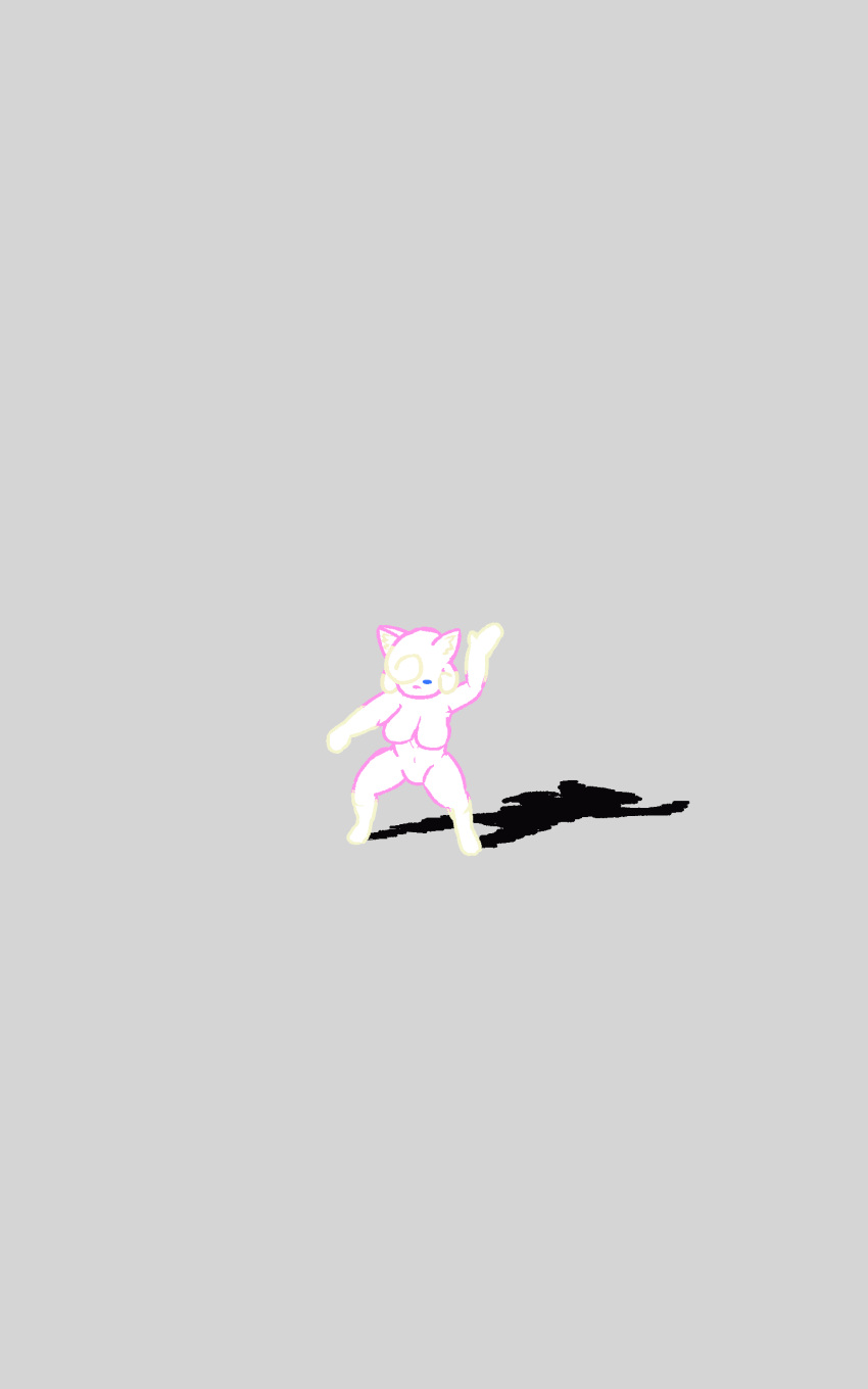 absurd_res anthro bent_legs big_breasts blue_eyes breasts crouching dancing domestic_cat echonioni felid feline felis female fist fur hi_res invalid_tag looking_down mammal meme nae_nae_dance one_eye_obstructed pink_body pink_fur raised_hand shadow simple_background solo thick_thighs weird_cat yellow_body yellow_fur