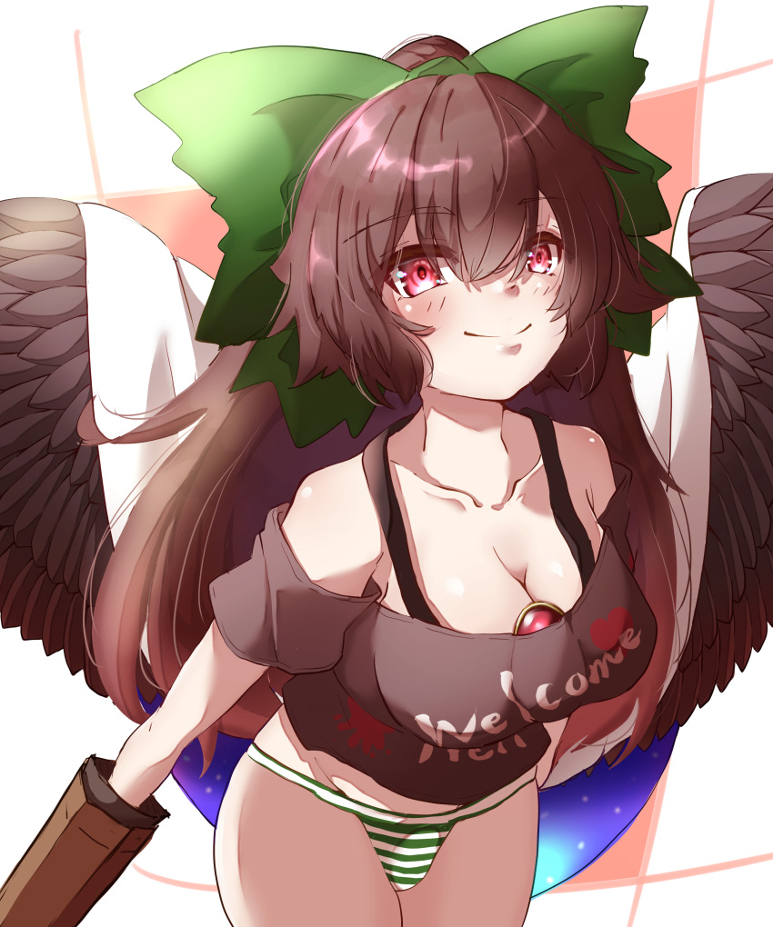 1girl absurdres bird_wings black_shirt black_wings bow breasts brown_hair cape cleavage clothes_writing collarbone green_bow green_stripes gumi_(fwjn7284) hair_bow highres horizontal_stripes large_breasts long_hair off-shoulder_shirt off_shoulder panties red_eyes reiuji_utsuho shirt smile solo starry_sky_print striped striped_panties t-shirt third_eye touhou underwear white_cape wings